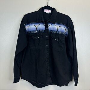 Vintage Sue Who? Women’s Western Shacket Top Size L Button Up Rhinestone Black